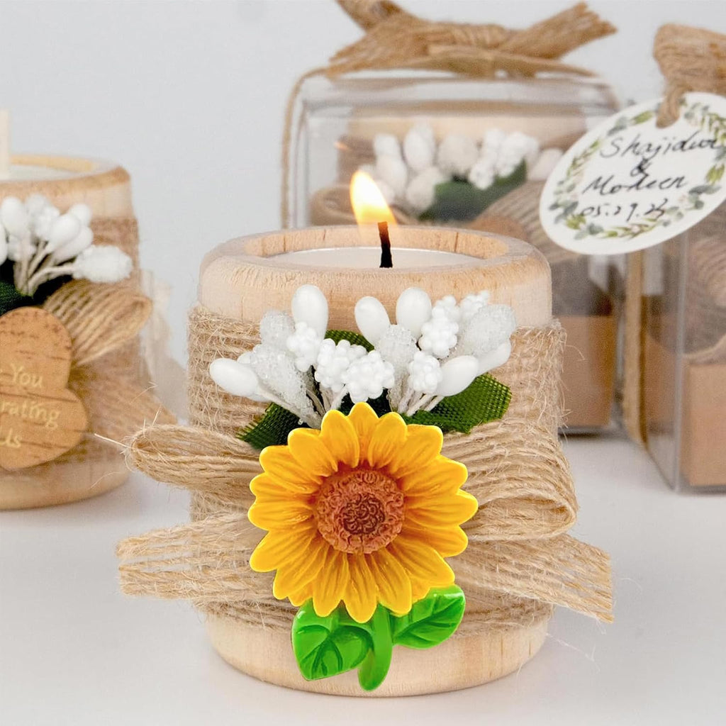 24 Pack Sunflower Wood Tealight Handmade Candle Holders - Wedding, Baby Shower, Baptism Favors & Centerpieces, Cylinder Candles Decorations