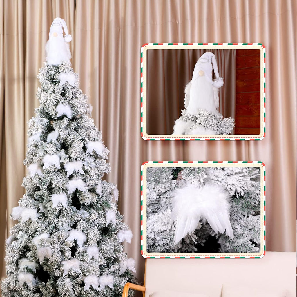Sratte Christmas Angel Gnomes Treetop 23 Inch White and Silver Gnome Tree Topper and 24 Pcs 4.72 x 4.6 Inch Angel Feather Ornament Plush Christmas Tree Mantel Table Decorations for Xmas Winter Holiday