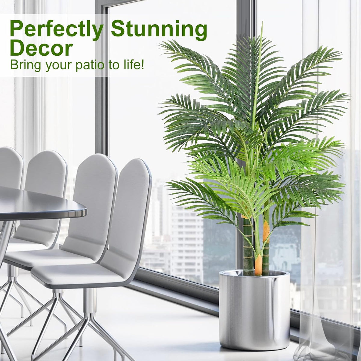 4ft tall triple golden cane palm artificial tree showing dimensions