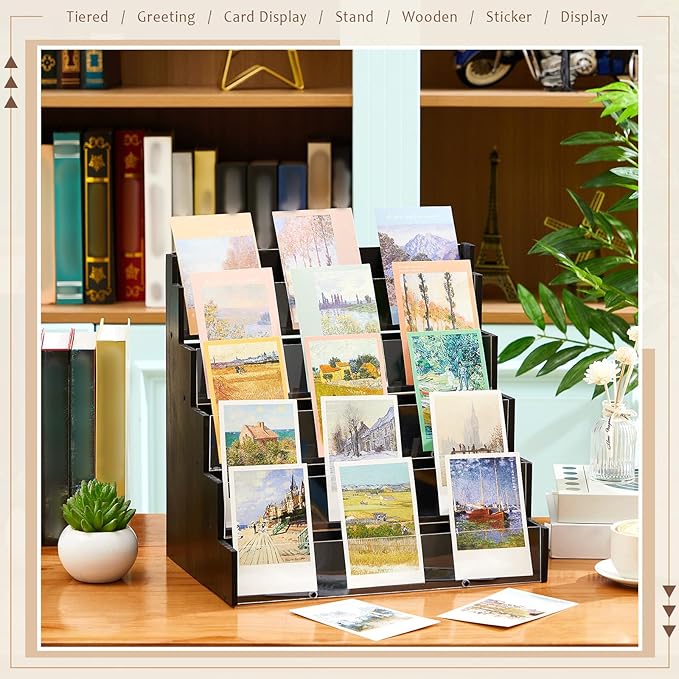 5 Tier Greeting Card Display Stand Black Bamboo and Acrylic Sticker Display Stand Trading Card Holder Retail Photos Shelf for Vendors Craft Collection & Show