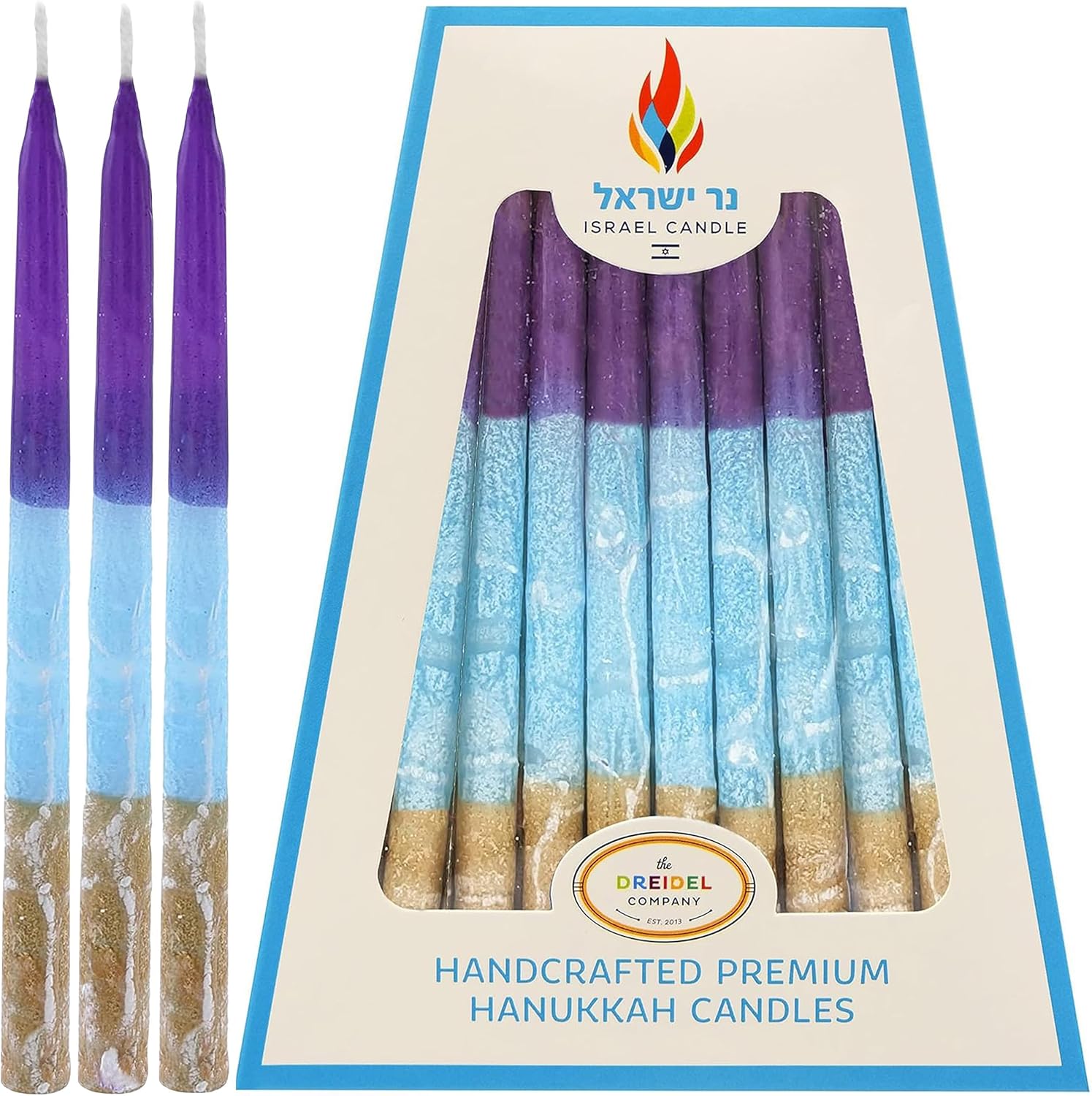 Dripless Hanukkah Candles 45 Hanukkah Candles Decorative Purple, with Blue & Gold Frosted Stripes 1-Hour Burn Time