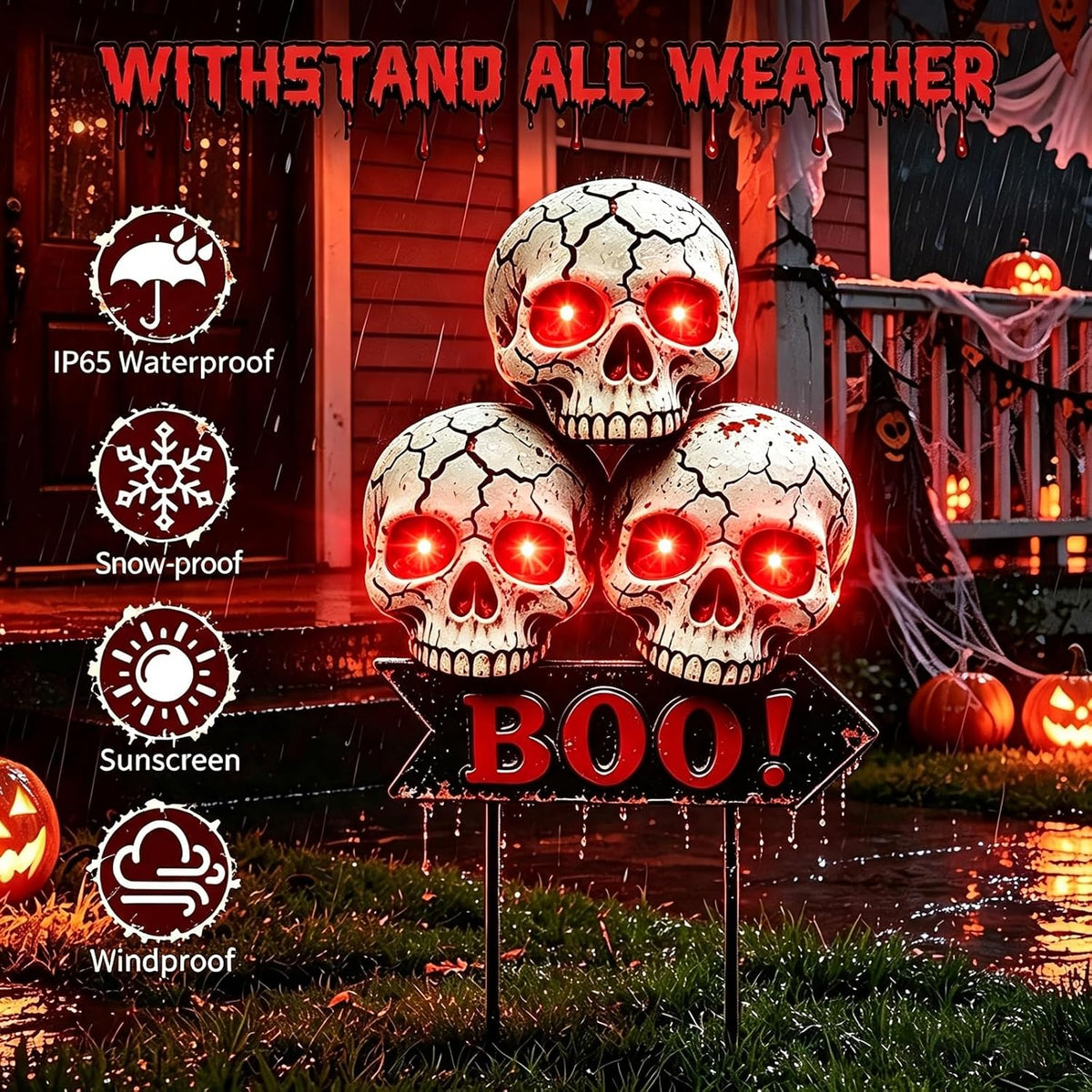 Halloween Decoration Outdoor, Solar Skull Lights with 6 Glowing Red Eyes