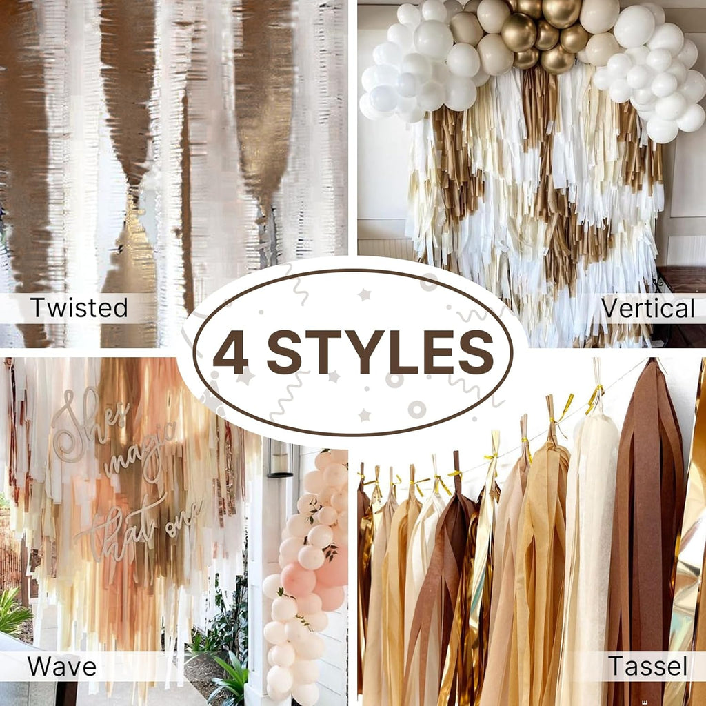 PartyWoo Brown Crepe Paper Streamers 10pcs 820ft Pack of Boho Neutral Metallic Gold Sand White Crepe Paper Streamers for Birthday Baby Shower Wedding Graduation Woodland Jungle Fall Party Decorations