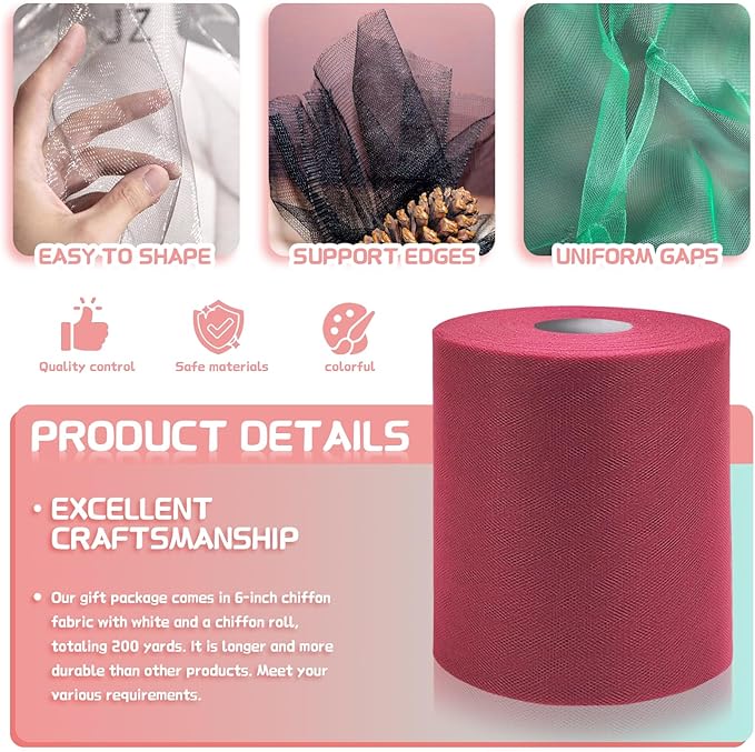 6" x 200 Yards Burgundy Tulle Fabric Rolls, Burgundy Spool Tulle Ribbon for DIY Tutu Skirt Wedding Decoration Baby Shower Birthday Party Backdrop Gift Wrapping Bow Craft Supplies