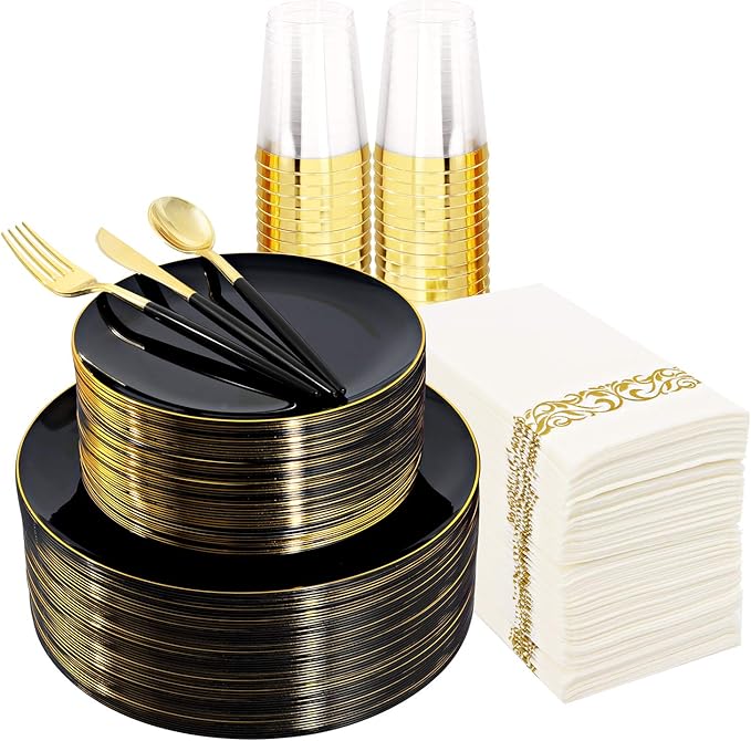 Supernal 350pcs Black Plastic Dinnerware Set - Black and Gold Plastic Plates, Gold Silverware Set, Wedding Party Plate, Cups Prefect for Halloween, Thanksgiving, Christmas Party and New Year
