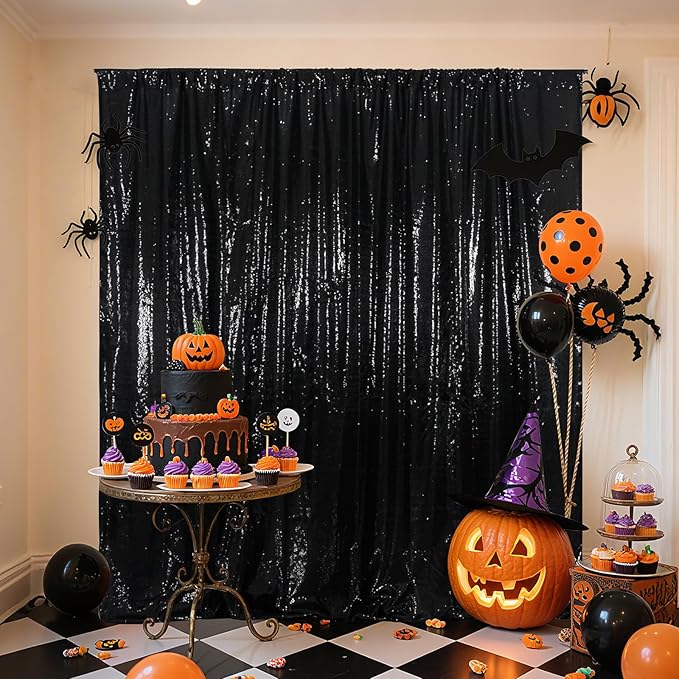 Poise3EHome 6Ft x 8Ft Black Sequin Backdrop, Glitter Thick Satin Background Drapes, Sparkly Opaque Photography Curtain, Sequence Xmas Thanksgiving Backdrop for Wedding Party Holiday Festival Decor
