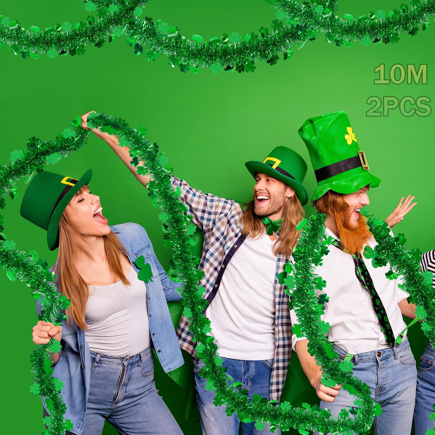 2 Pack St Patrick’s Day Tinsel Garland Decoration 66 Feet Hanging Metallic Green Shamrock Garland for Irish Festival Mantle Wall Window Decor