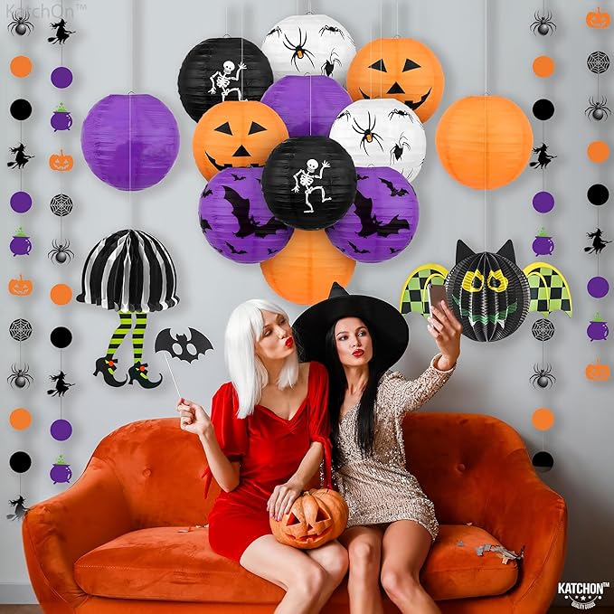 KatchOn, Halloween Hanging Paper Lanterns Set - Pack of 15 | Halloween Paper Lanterns, Halloween Honeycomb Decorations for Halloween Decorations | Halloween Garland for Halloween Party Decorations