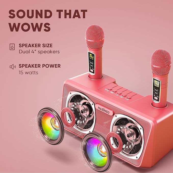 MASINGO Karaoke Machine for Adults and Kids with 2 Wireless Microphones, Portable Bluetooth Singing Speaker, Colorful LED Lights, PA System, Lyrics Display Phone Holder, and TV Cable. Presto G2 Pink
