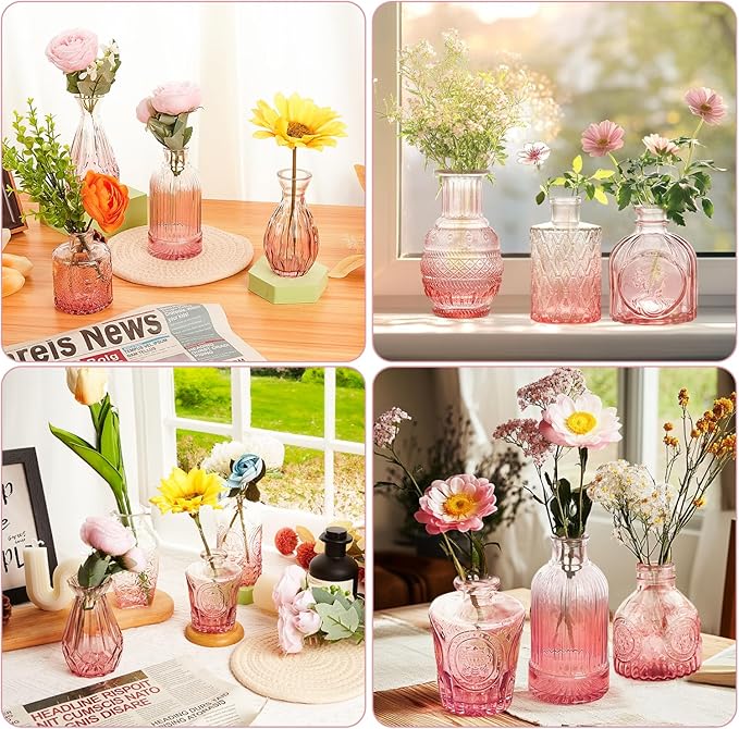 Pink Glass Bud Vase Set of 30, Small Flower Vases in Bulk, Mini Vintage Vases for Centerpieces, Home, Parties, Wedding Table Decoration (30 Pack)