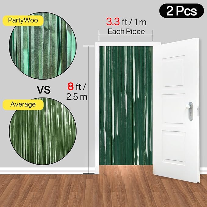 PartyWoo Green Streamers Backdrop 2pcs Green Tinsel Foil Fringe Streamer Curtains 8.2 FT Curtains Photo Backdrop for Graduation Birthday Dinosaur Jungle Golf Football Theme Party Decorations