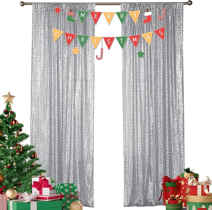 Sugargirl Silver Sequin Backdrop Curtain 2FTx8FT Glitter Background Drapes Sparkle Photography Backdrop for Party Wedding Birthday Wall Decor（2 Panels,Silver
