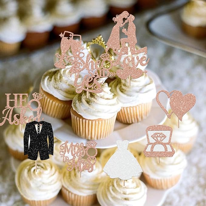 30 Pack Bride to be Cupcake Toppers Glitter Diamond Ring I Do Love Cupcake Picks Miss to Mrs He Asked She Said Yes Bridal Shower Wedding Engagement Bachelorette Cake Decoration Rose Gold
