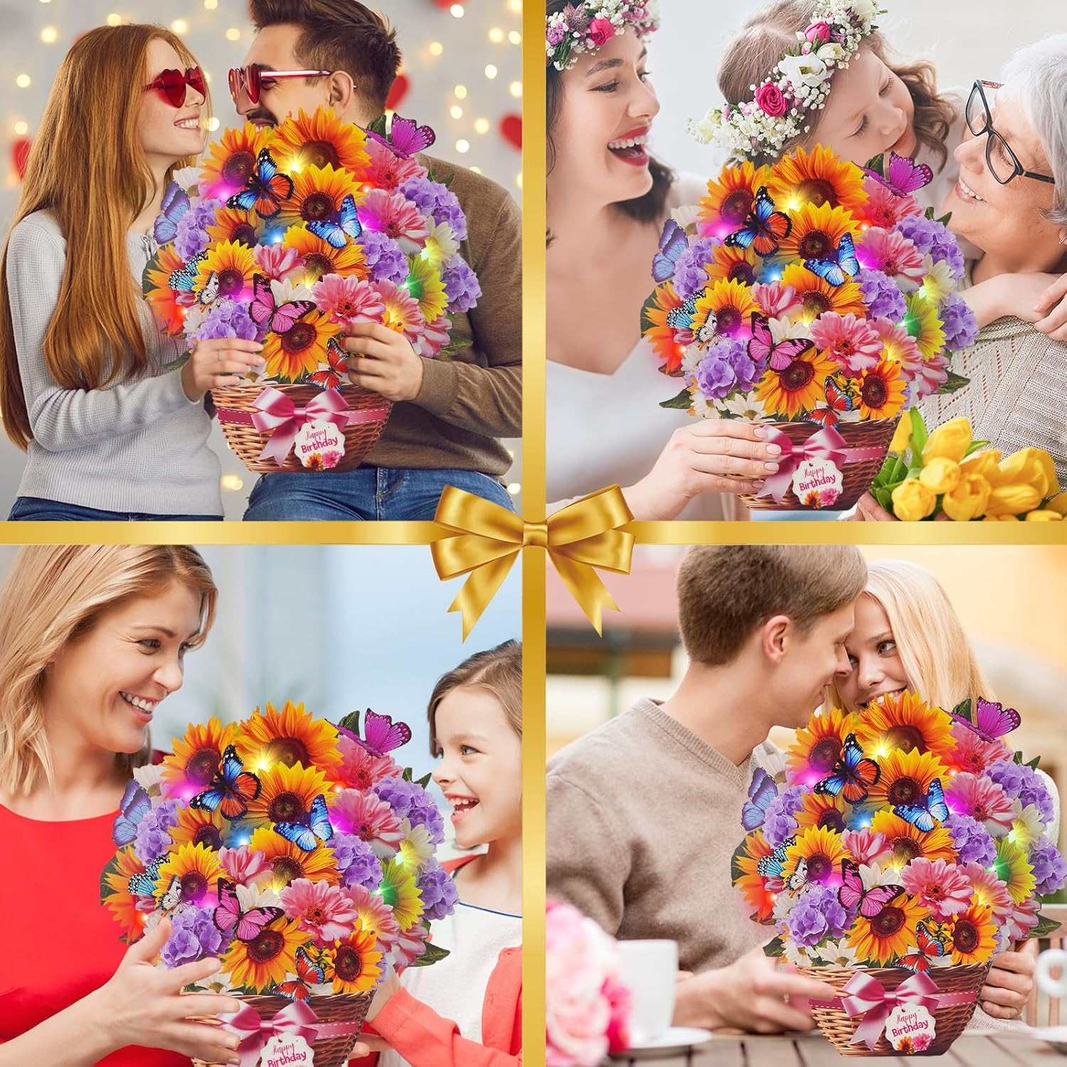 MZD8391 Birthday Cards with MUSIC & LIGHTS, Pop Up Happy Birthday Card, Sunflower & Butterfly, 10 Inch Life Sized Forever Flower Bouquet Gifts for Women Mom Grandma