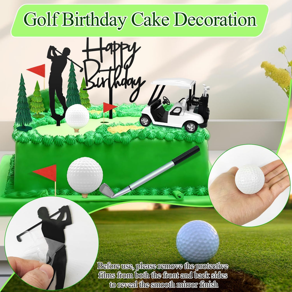 15Pcs Golf Theme Cake Topper Decorations Happy Birthday Cake Decorations with Golf clubs, Mini Cart, Ball, Green Tree, Red Flag Cupcake Topper for Birthday, Father's Day Party Decor Supplies