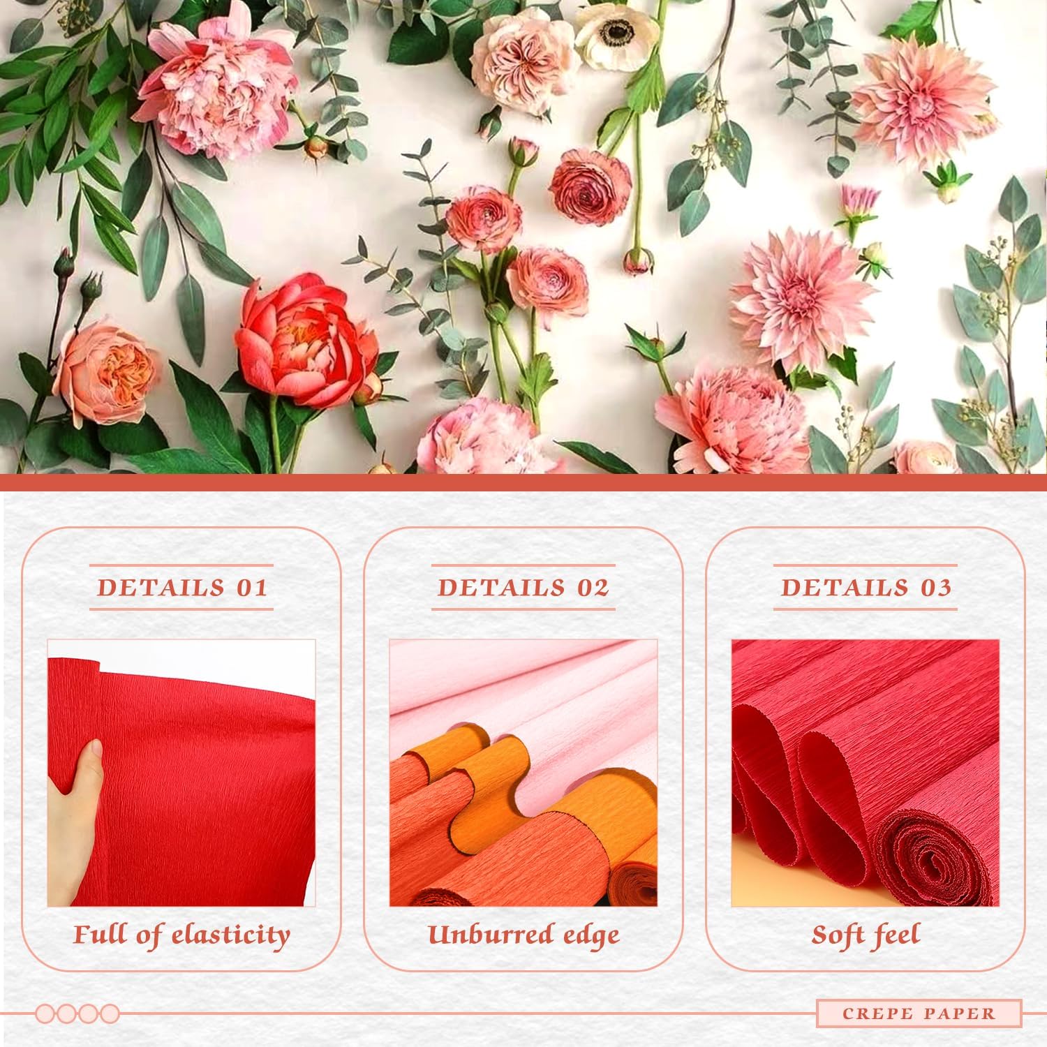 Mlurcu Crepe Paper - 6 Rolls, Red, 10 Inch Wide, Streamers, Flower Making Kits, Green Floral Tape and Floral Stem Wire for Wedding, Festival, Party, DIY Flower Crafts