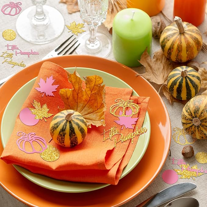Ferraycle 400 Pcs Thanksgiving Pink and Gold Pumpkin Confetti Christmas Baby Shower Maple Leaf Confetti Glitter Thanksgiving Pumpkin Decorations Table Decorations for Birthday Party Supplies