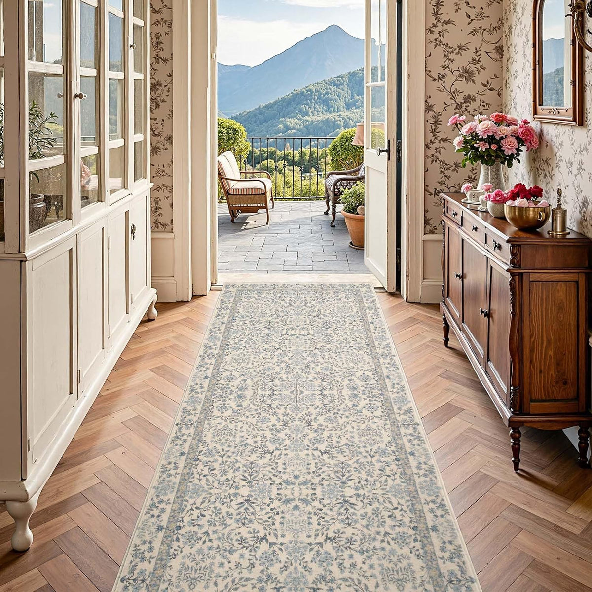 jinchan 3x8 Washable Hallway Runner Rug, Floral Non-Slip, Blue/Cream