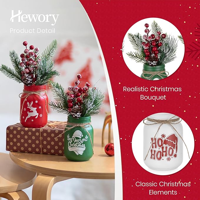 Hewory Christmas Vase for Table Centerpieces: 3 PCS Glass Christmas Mason Jars with Arrangemengts - Delicate Holiday Decor for Mantle Coffee Table Shelves