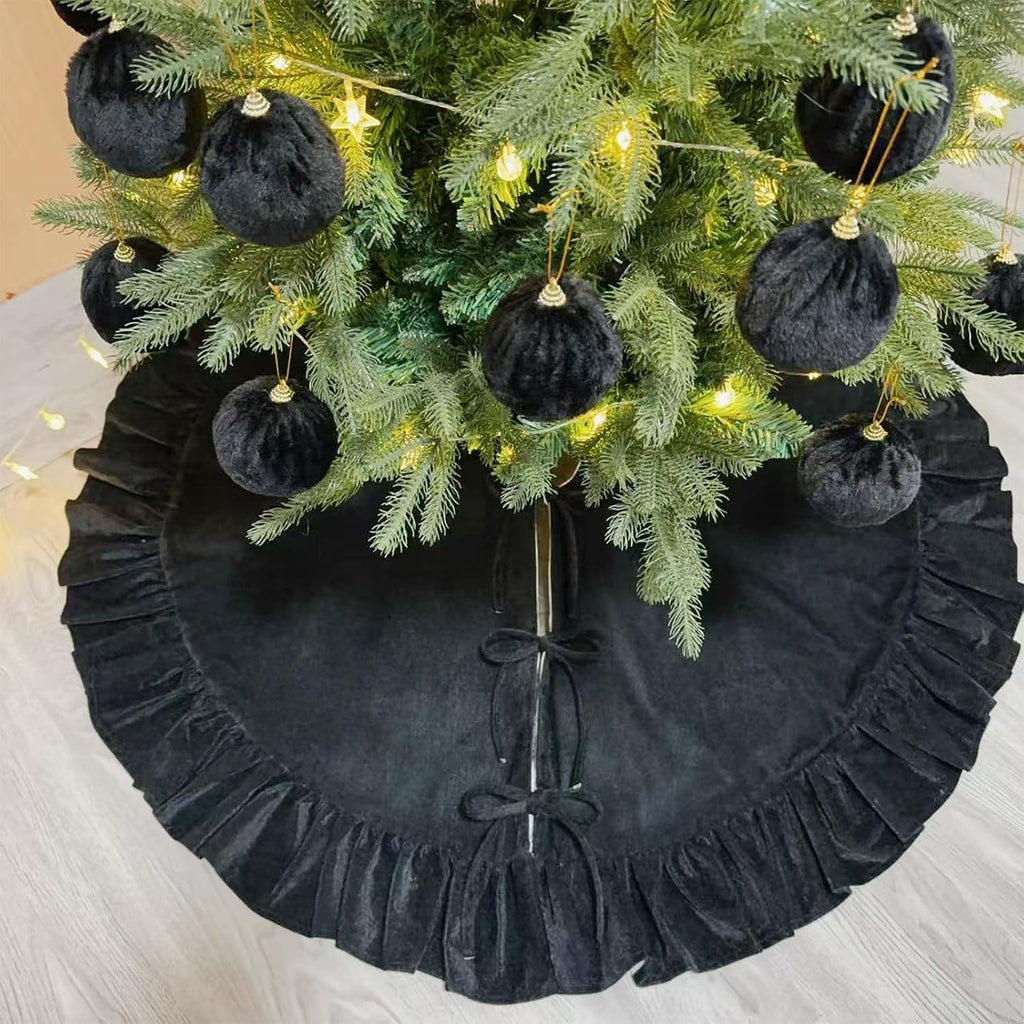 Velvet Christmas Tree Skirt Black 60 inch Ruffled Holiday Tree Skirt for Rustic Xmas Tree Decoration