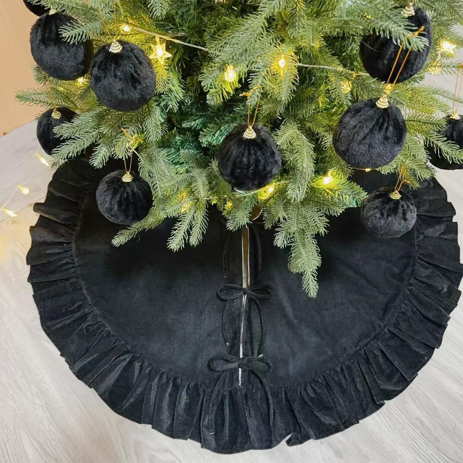 Velvet Christmas Tree Skirt Black 60 inch Ruffled Holiday Tree Skirt for Rustic Xmas Tree Decoration