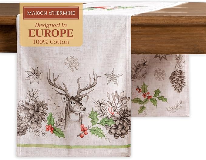 Maison d' Hermine Table Runner 100% Cotton Double Layer Table Runners 72 inches Long for Thanksgiving Christmas Decorations Home Kitchen Dining Party Wedding (Christmas Dew, 14.5" x 72")