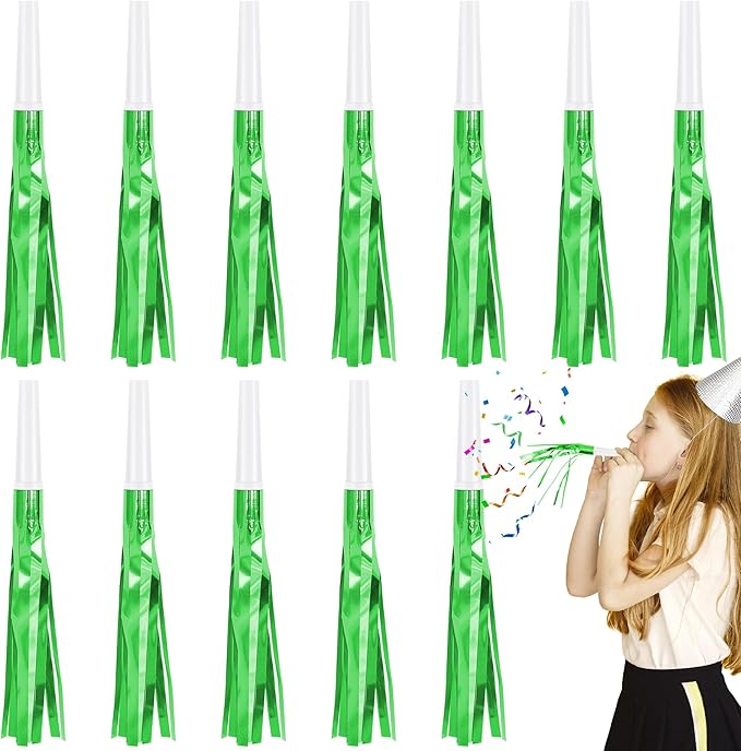 12 Pcs Glitter Noise Makers Metallic Fringed Party Blower for Adults Birthday Graduation New Years Party Favors Supplies (Green)