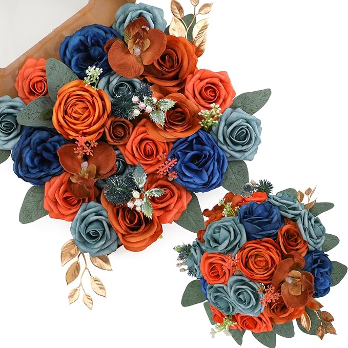 Artificial Flowers Combo for DIY Wedding Bouquets Combo Centerpieces Arrangements Party Bridal Baby Shower Home Decorations-Teal&Terracotta