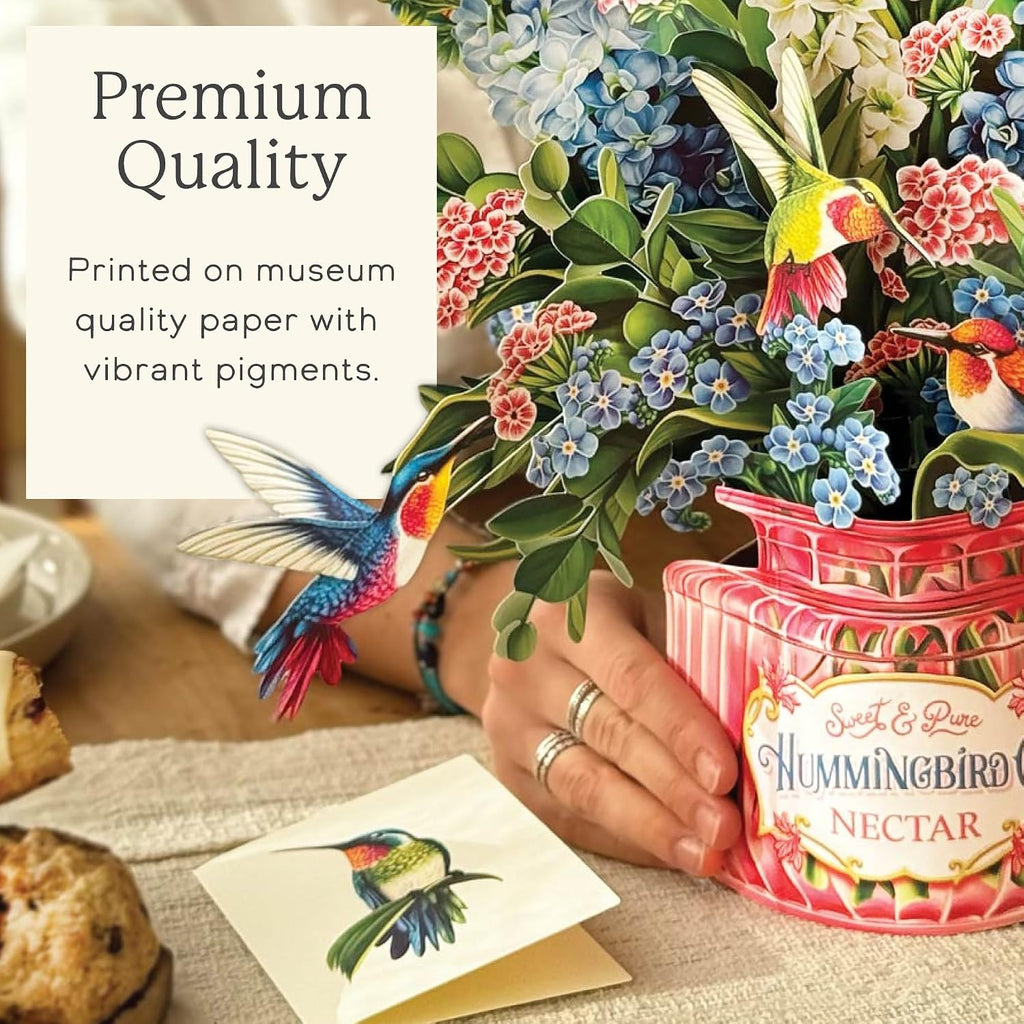 Freshcut Paper Pop Up Cards, Hummingbird Oasis, 12 Inch Life Sized Forever Flower Bouquet 3D Popup Greeting Card, Birthday Cards, Thank You Card, Blank Notecard & Envelope