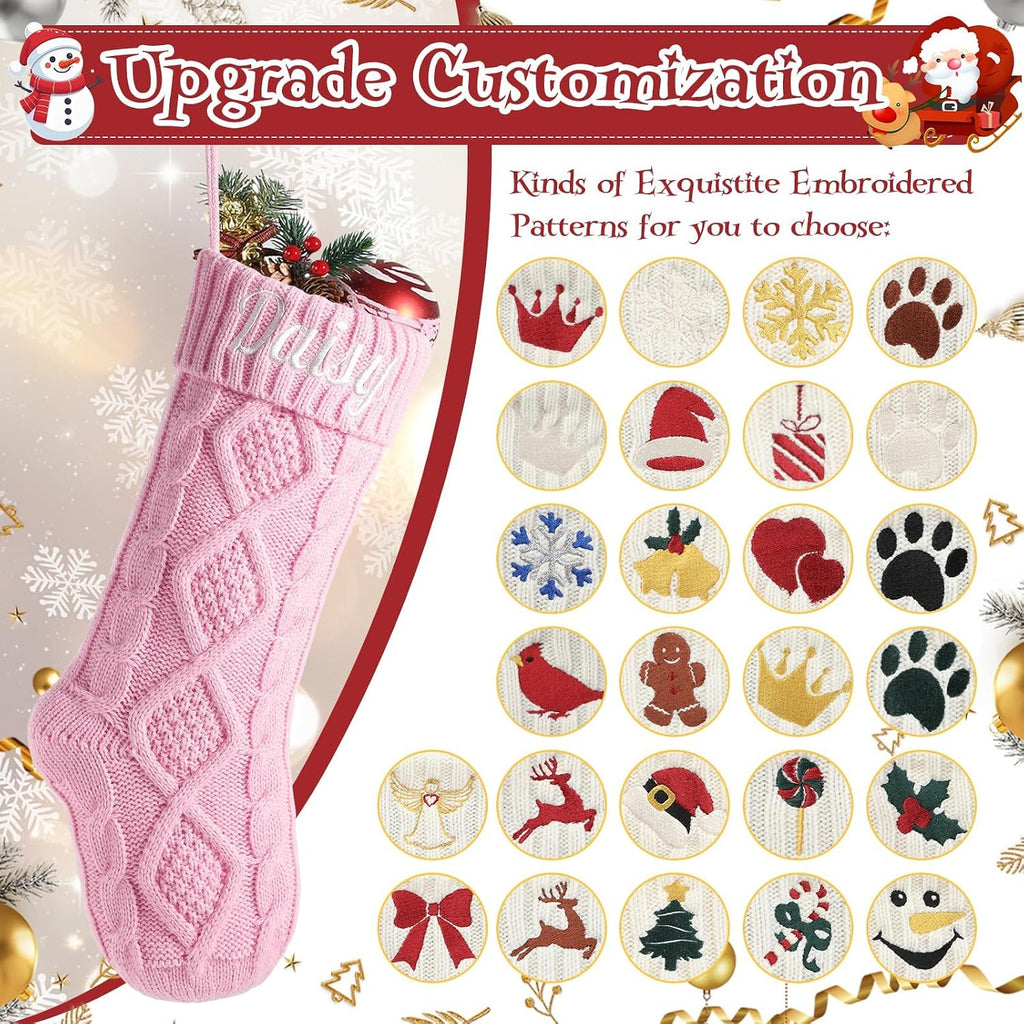 Personalized Christmas Stockings with Christmas Cards,Custom Embroidered Name Pink Christmas Stocking for Baby Kids Girl Family,18" Large Cable Knit Xmas Stockings for Fireplace