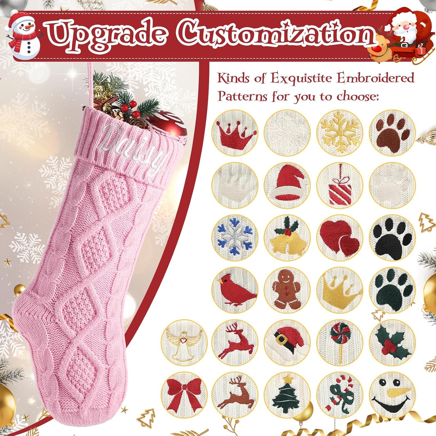 Personalized Christmas Stockings with Christmas Cards,Custom Embroidered Name Pink Christmas Stocking for Baby Kids Girl Family,18" Large Cable Knit Xmas Stockings for Fireplace