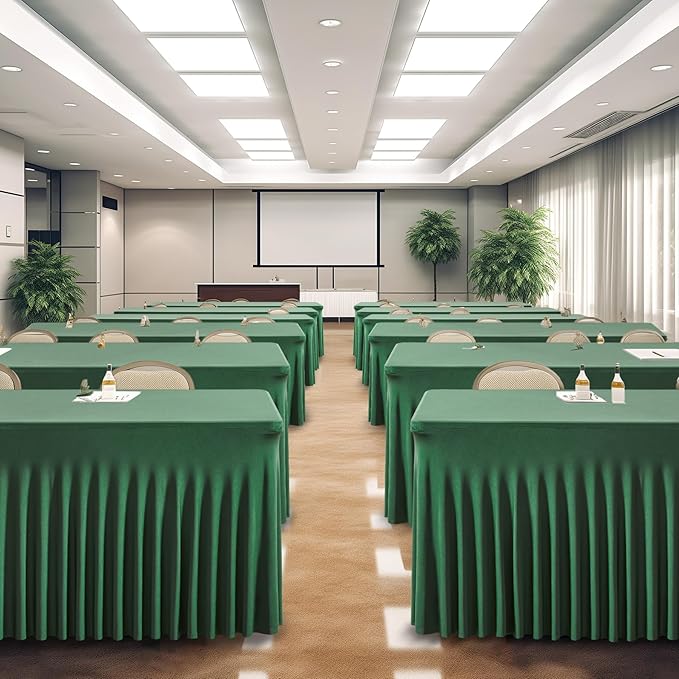 Wish Care 6 Pack Hunter Green Stretch Spandex Table Clothes for 8 Foot Rectangle Tables, 8FT Wrinkle Free Fitted Tablecloths Ruffles Design Table Cover for Party, Banquet, Wedding and Events