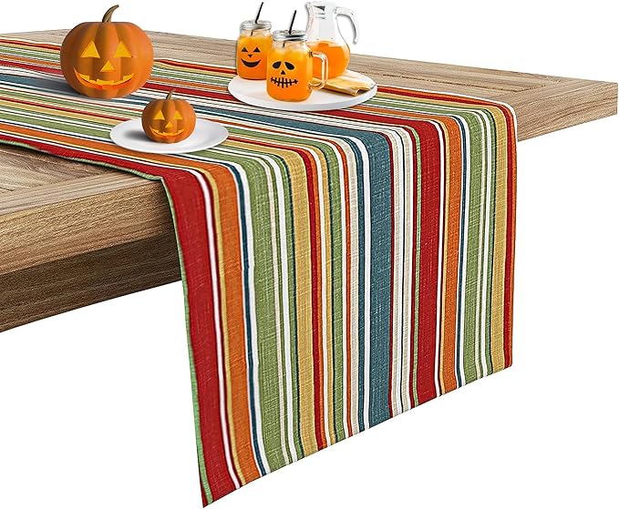 Ruvanti 100% Cotton Table Runner 48 Inches Long, Non-Slip, Stain Resistant, Washable & Reusable Table Runners Perfect for Wedding, Parties, Christmas, Holiday, in-Door use - Multi Stripe
