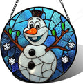 Stained Glass Window Hanging Christmas Funny Snowman 9.8" - Suncatcher Door Garden Blue White Snowflakes Sun Catcher New Year Birthday for Friend Mom Men Woman Nana