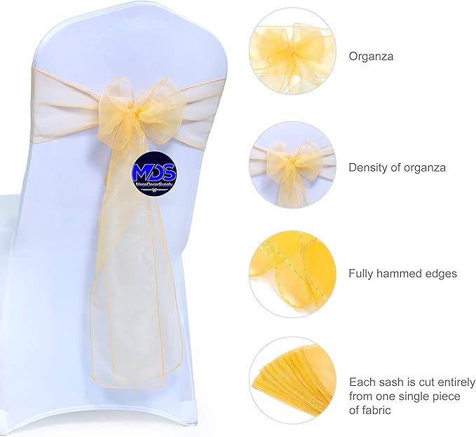 MDS Pack of 50 PCS Organza Chair Sashes Wider Dining Chair Bows Ribbon Tie Back for Wedding Party Birthday Bridal Shower Reception Event Banquet Home Chair Cover Decoration - Gold