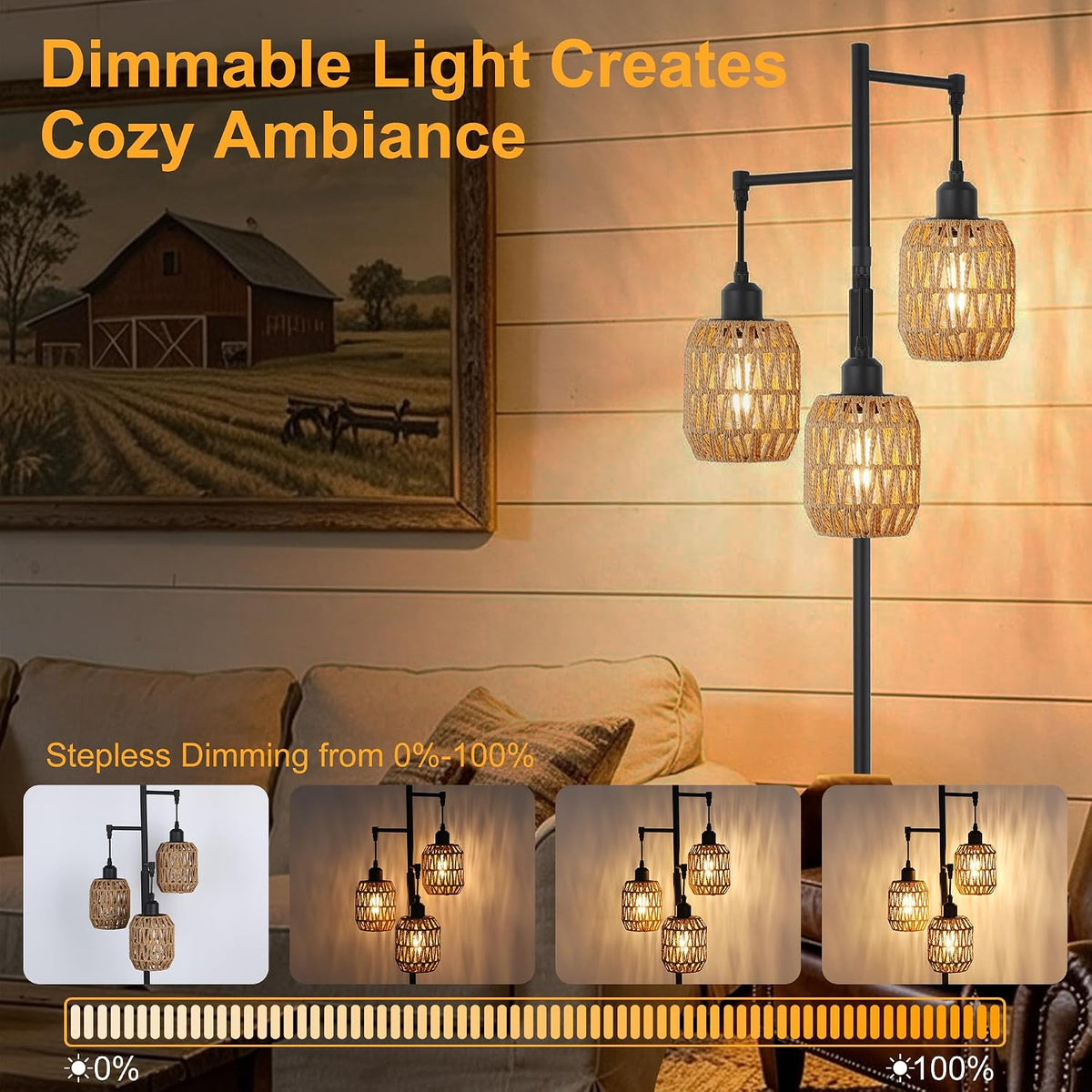 boho rattan tree floor lamp, black dimmable standing shown in use