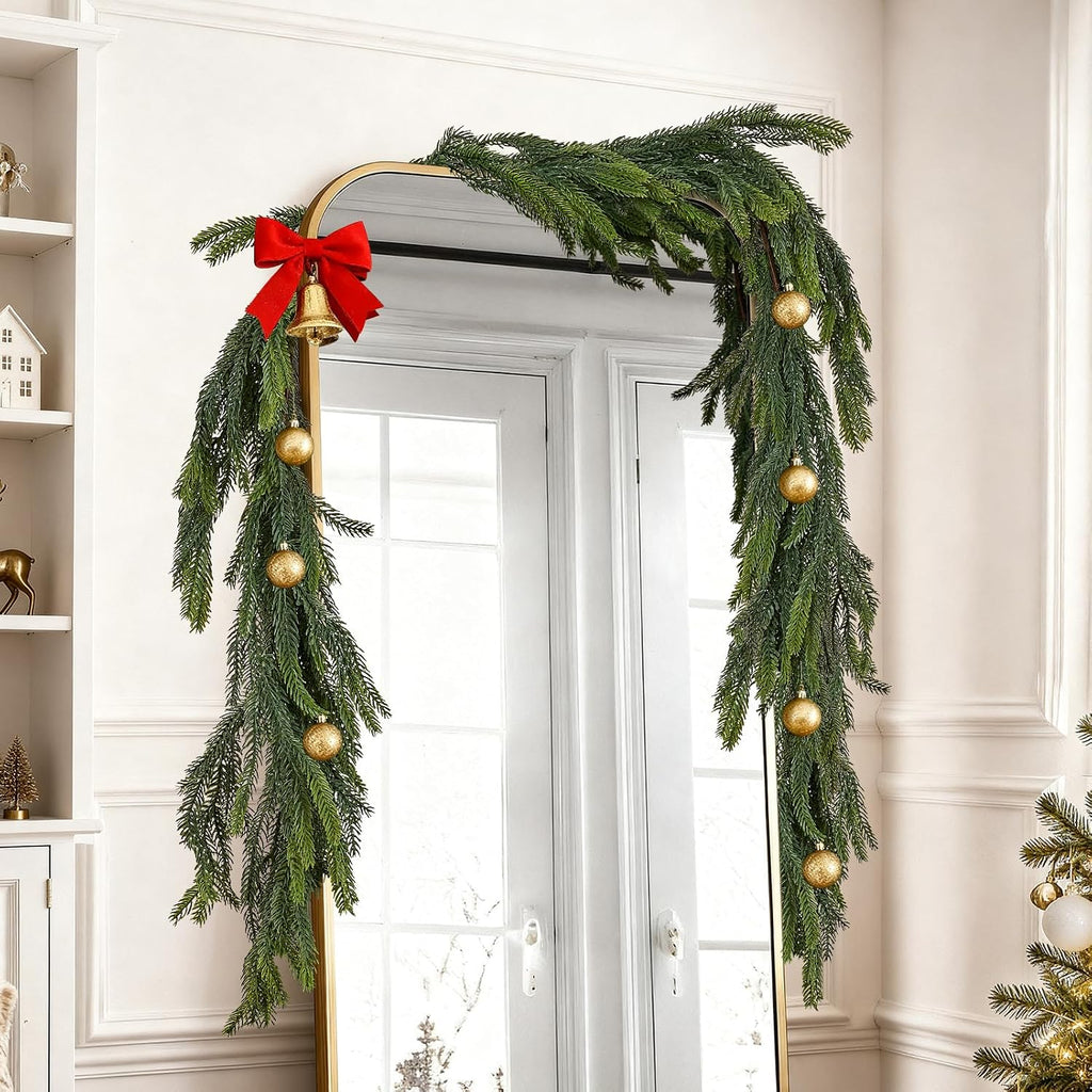9 ft christmas norfolk pine garlands for mantel, front angle view