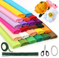24 Colors Crepe Paper Rolls, 10 x 98 Inch Wide Crepe Paper Sheets with 100 Pcs Green Floral Iron Wire, Floral Band, Double-Sided Tape, and Scissors for Birthday Parties Weddings Festival Decoration
