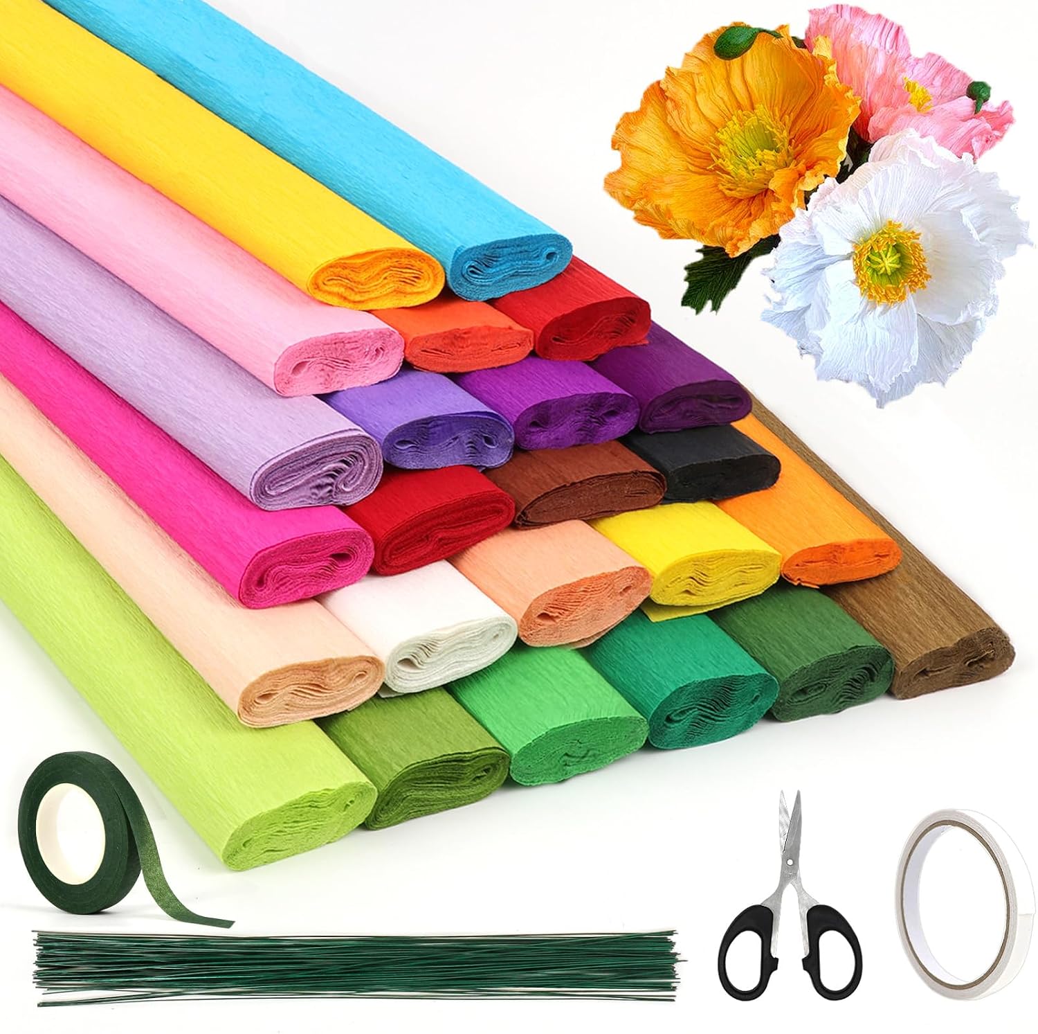 24 Colors Crepe Paper Rolls, 10 x 98 Inch Wide Crepe Paper Sheets with 100 Pcs Green Floral Iron Wire, Floral Band, Double-Sided Tape, and Scissors for Birthday Parties Weddings Festival Decoration