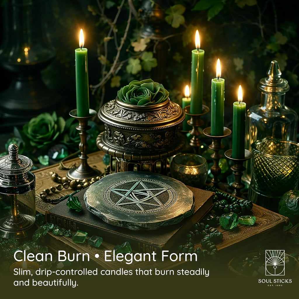 SOUL STICKS Prosperity Magic Spell Chime Taper Candles 20 Pack - Ideal for Altar, Rituals, Ceremonies, Meditation Green Unscented Candle Sticks for Witchcraft Supplies, Wiccan Supplies and Tools