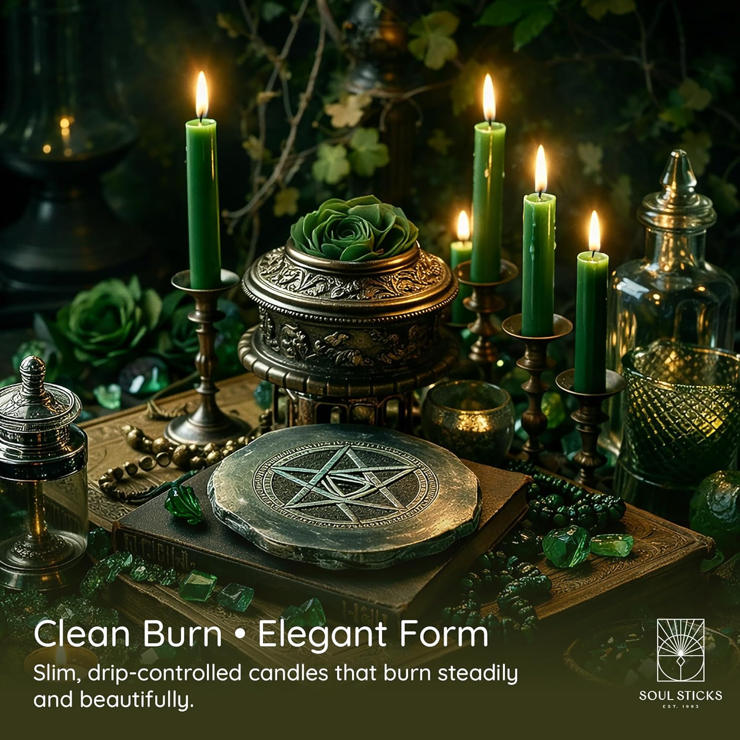 SOUL STICKS Prosperity Magic Spell Chime Taper Candles 20 Pack - Ideal for Altar, Rituals, Ceremonies, Meditation Green Unscented Candle Sticks for Witchcraft Supplies, Wiccan Supplies and Tools