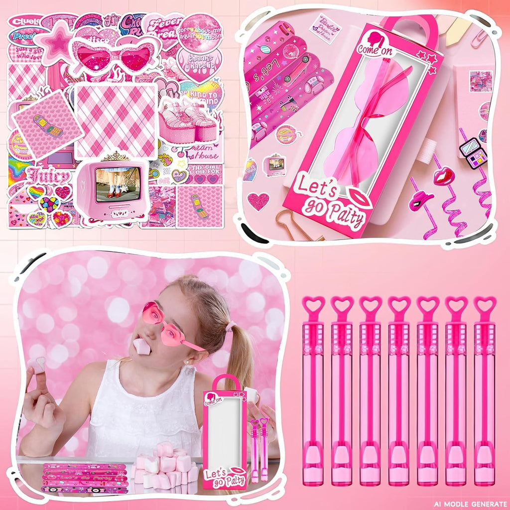 CHSLtmxq 122 PCS Pink Party Favors, Toy Goodie Bag Stuffers, Princess Set | 122pcs pink toy party favors and goodie bag stuffers with gift boxes, glasses, bracelets, straws, wands, and stickers.