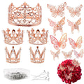 141 Pcs Mini Crown for Flower Bouquets Including 5 Bouquet Crowns, 36 3D Butterfly Decorations and 100 Flower Diamond Pins, Rose Gold Cake Topper for Wedding Birthday Party