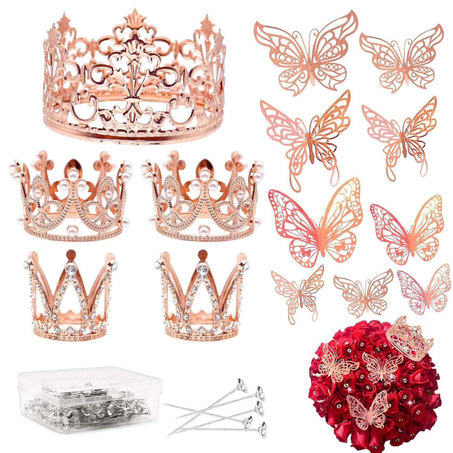 141 Pcs Mini Crown for Flower Bouquets Including 5 Bouquet Crowns, 36 3D Butterfly Decorations and 100 Flower Diamond Pins, Rose Gold Cake Topper for Wedding Birthday Party