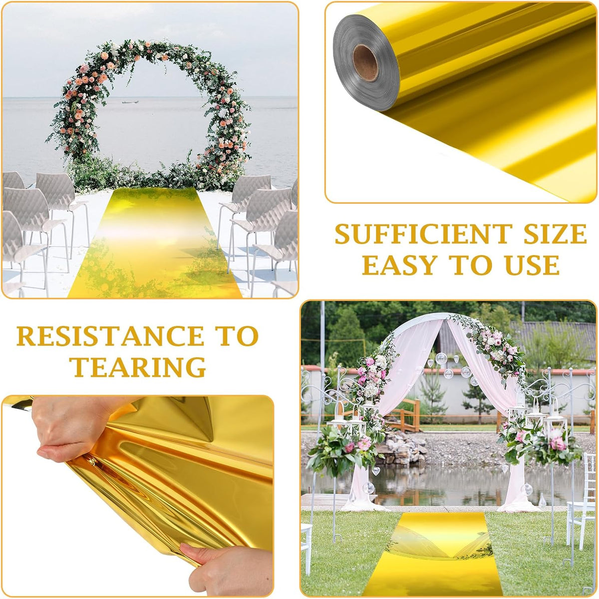 Tinideya 3.3 x 98.4 ft Mirror Rug Aisle Runner for Wedding Ceremony, Gold