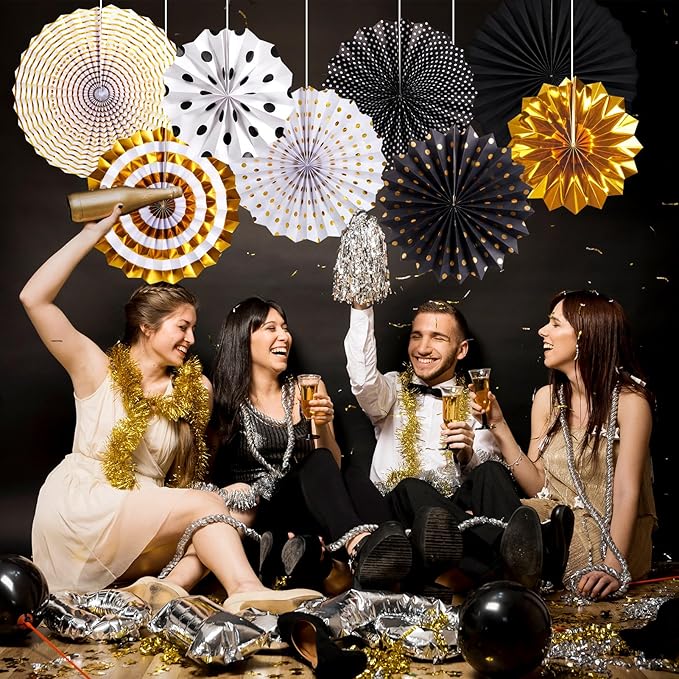 SUNBEAUTY Gold Black Paper Fans Backdrop for Tea Party Weddding Spring Birthday Classroom Baby Shower Halloween Decoration Hanging Home Party - 8Pcs