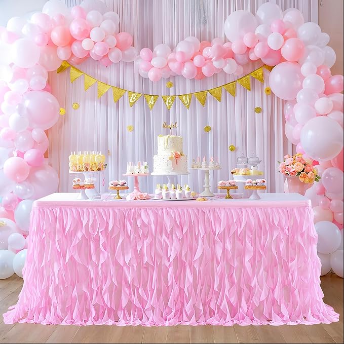 PARTISKY Pink Tulle Curly Willow Table Skirt for Rectangle Table 14ft, Ruffle Tutu Table Cloth for Girls Baby Shower,Birthday Party Candy Cake Tables