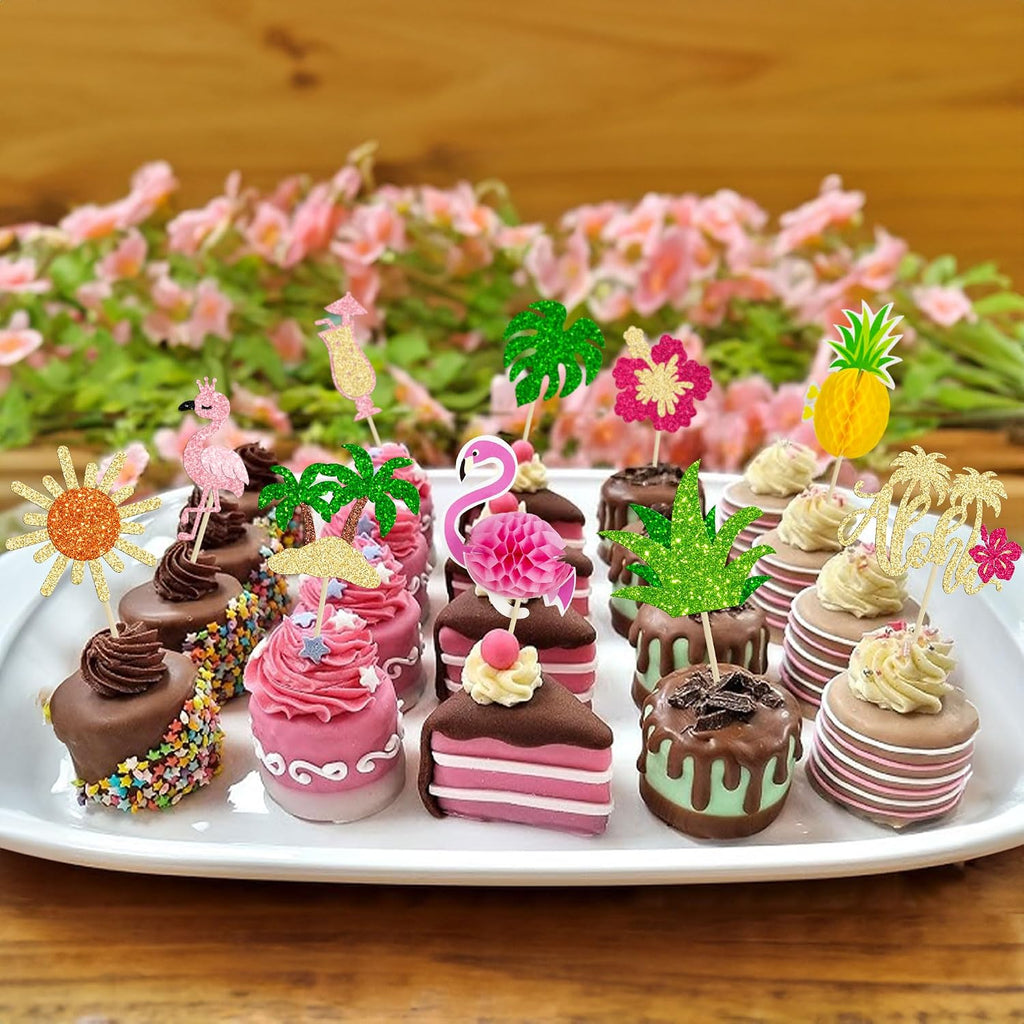 Gyufise 32Pcs Tropical Cupcake Toppers Glitter Luau Cake Topper Aloha Cupcake Picks Pineapple Flamingo Cupcake Decorations for Hawaiian Theme Baby Shower Birthday Party Supplies Pink Yellow Green