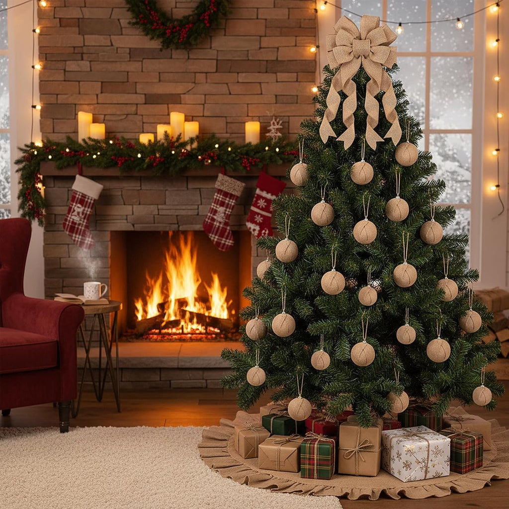 Syhood Christmas Tree Burlap Decorations 12 x 33 Inch Christmas Tree Topper Decorative Big Hanging Bow, 16 Pcs Burlap Xmas Ball Ornaments and 40 Inch Double Layer Skirt(Linen)