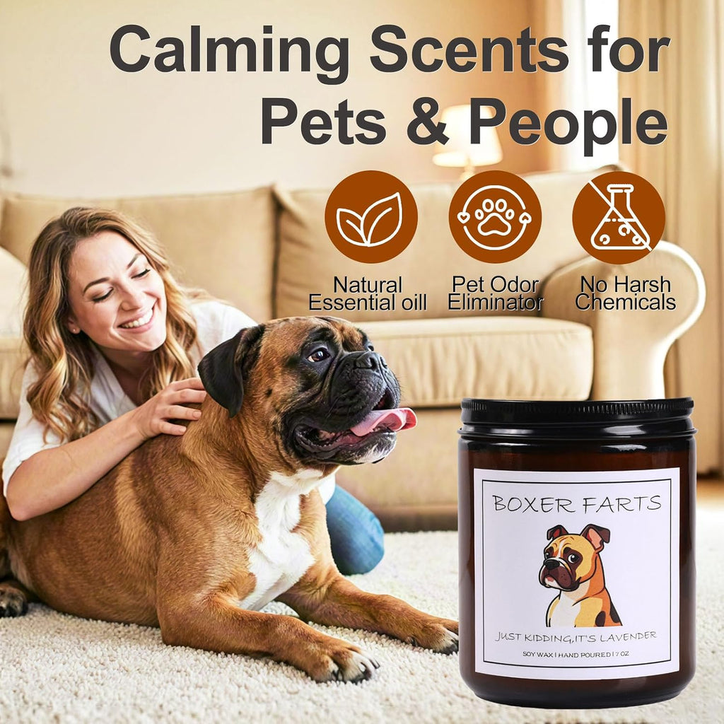 Boxer Dog Gifts & Decor, Boxer Gifts - Dog Mom Gift, Boxer Farts Candle, Natural Soy Wax Lavender Scented Candle 7oz
